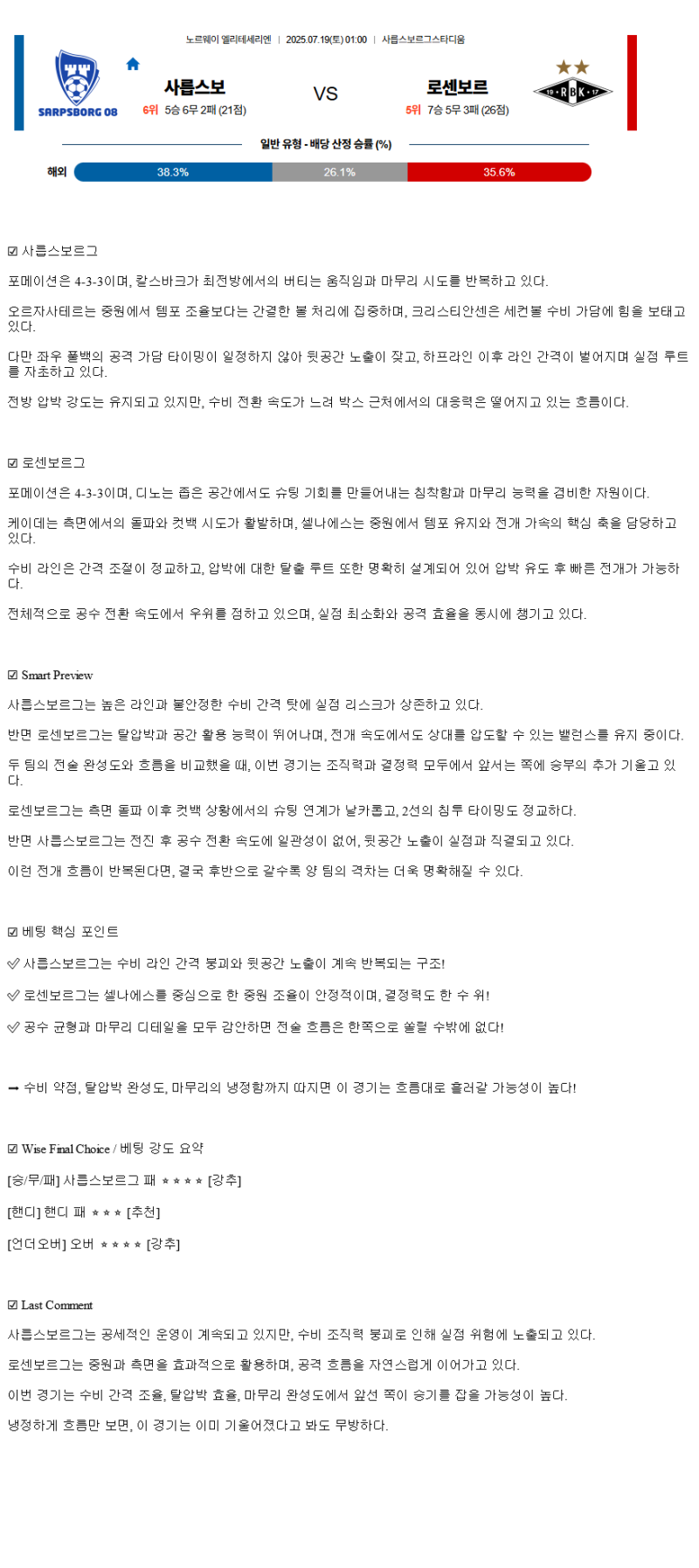 2025년 07월 19일 사릅스보르그 로젠보리 BK 스포츠 분석 및 중계 올스티비