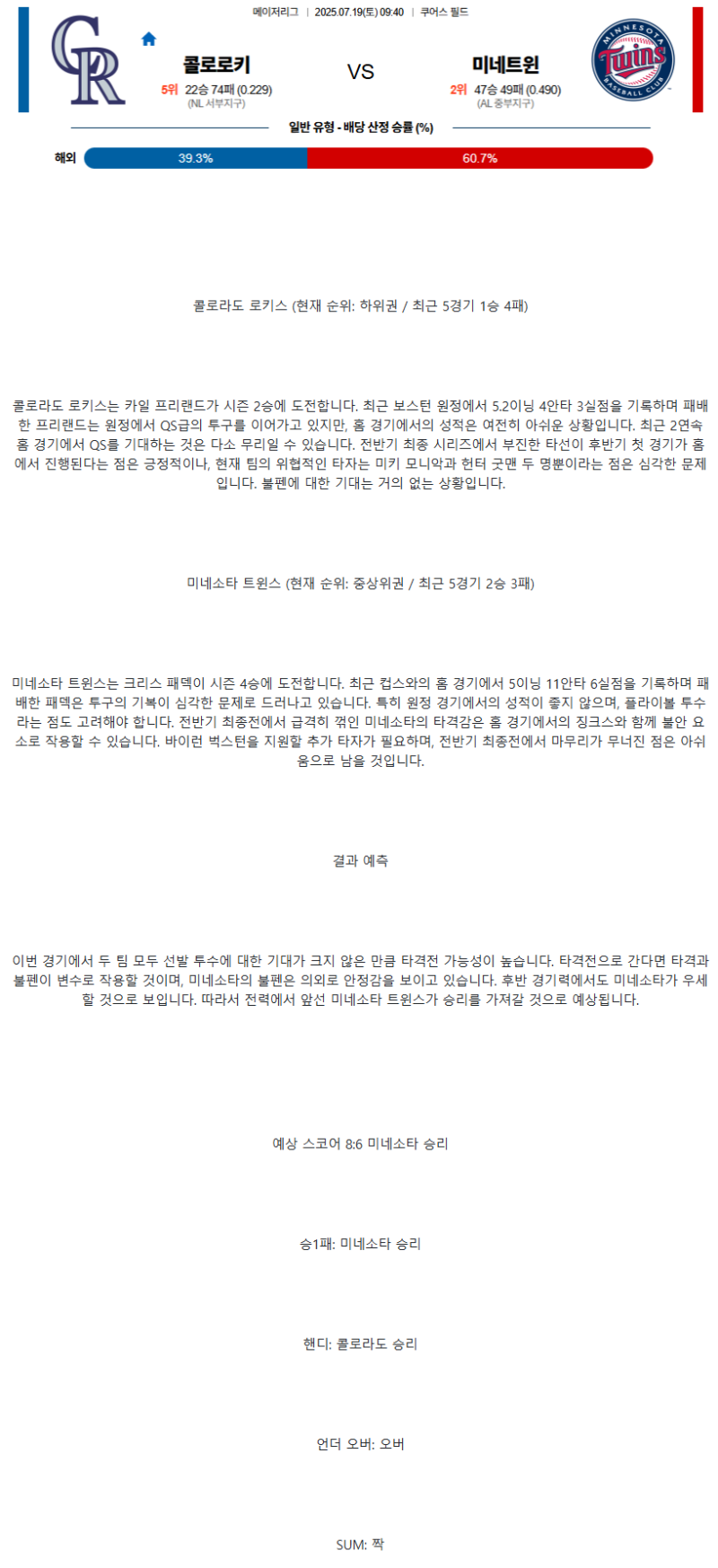 2025년 07월 19일 콜로라도 미네소타 MLB 중계 및 분석 올스티비