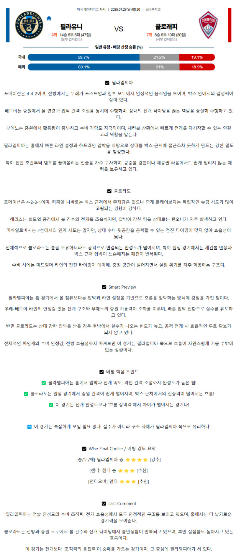 2025년 07월 27일 필라델피아 콜로라도 해외스포츠 분석 및 중계 올스티비