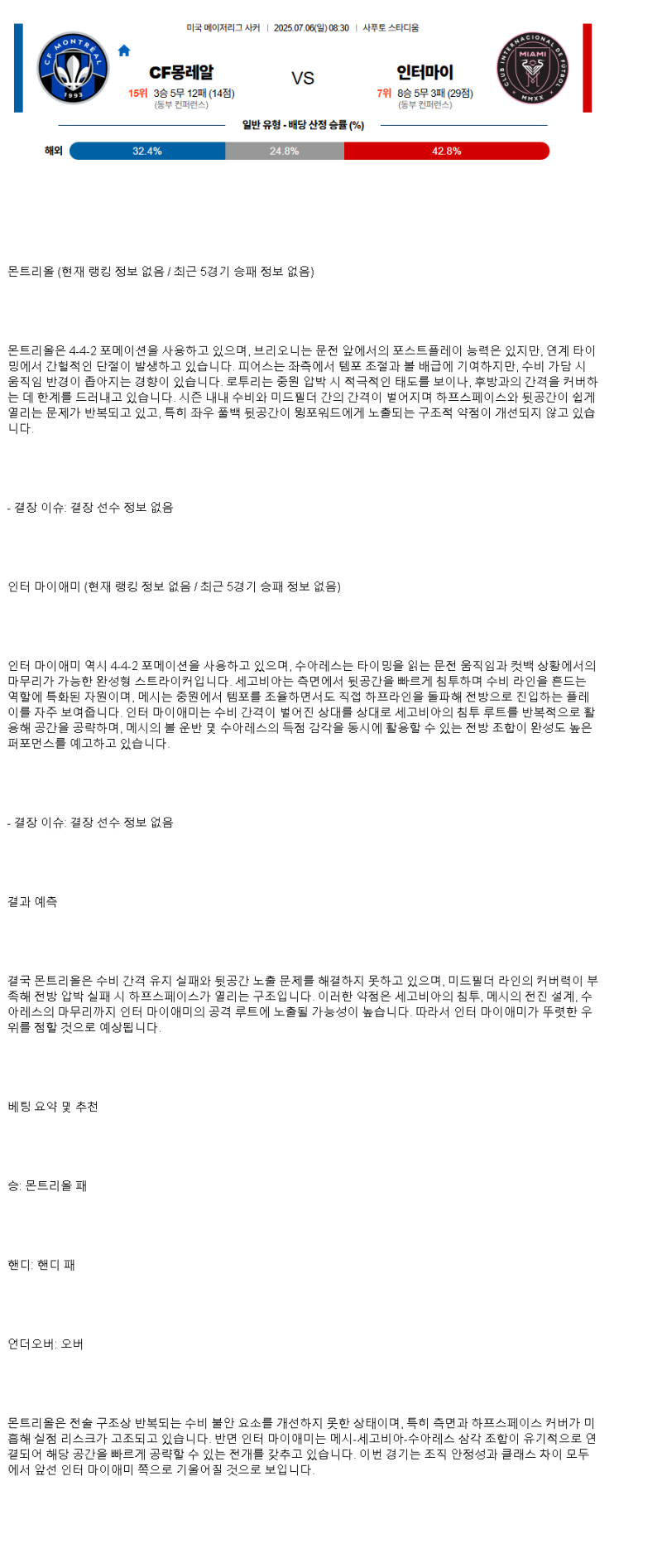 2025년 07월 06일 몬트리얼 마이애미 해외축구 중계 및 분석 올스티비