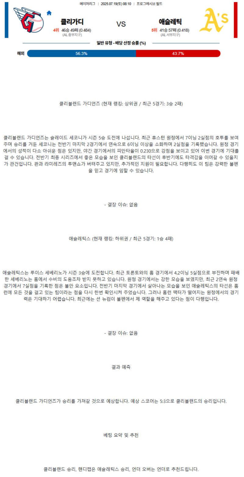 2025년 07월 19일 클리블랜드 애슬레틱스 미국야구 중계 및 분석 올스티비