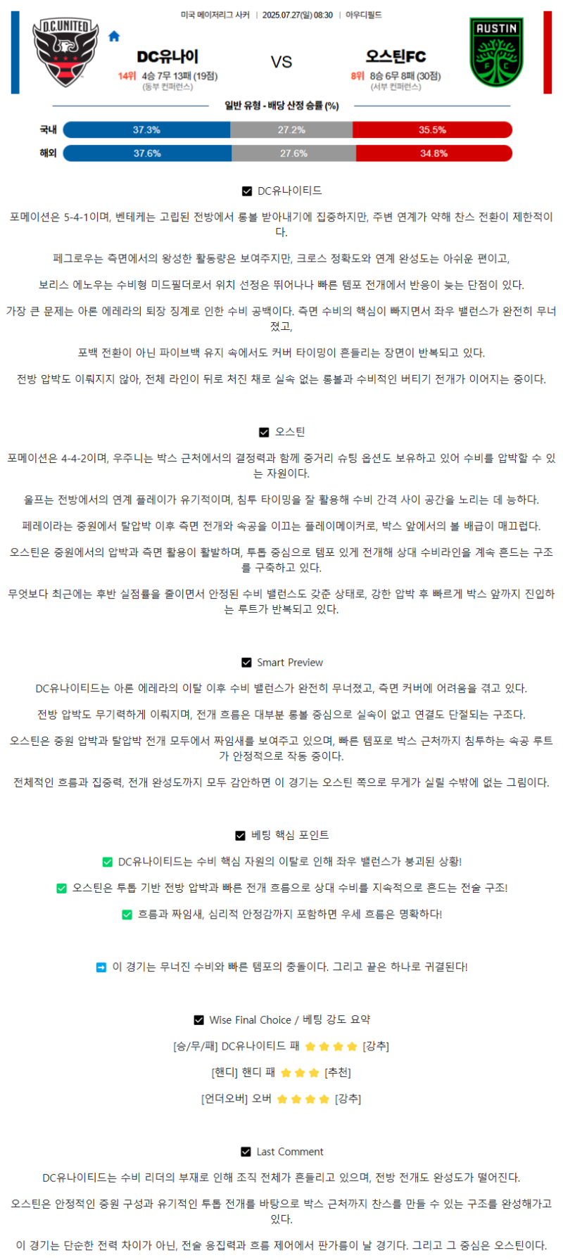 2025년 07월 27일 DC유나이티드 오스틴FC 스포츠 분석 및 중계 올스티비