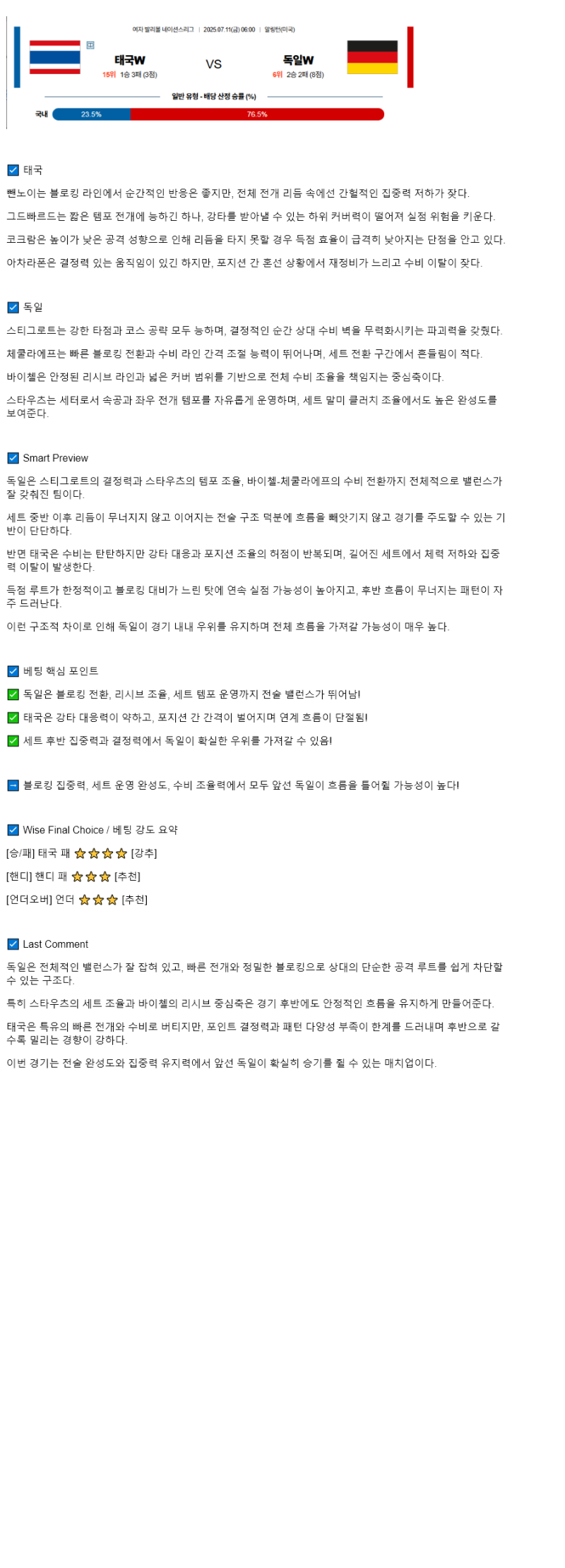 2025년 07월 11일 태국 독일 배구 중계 및 분석 올스티비