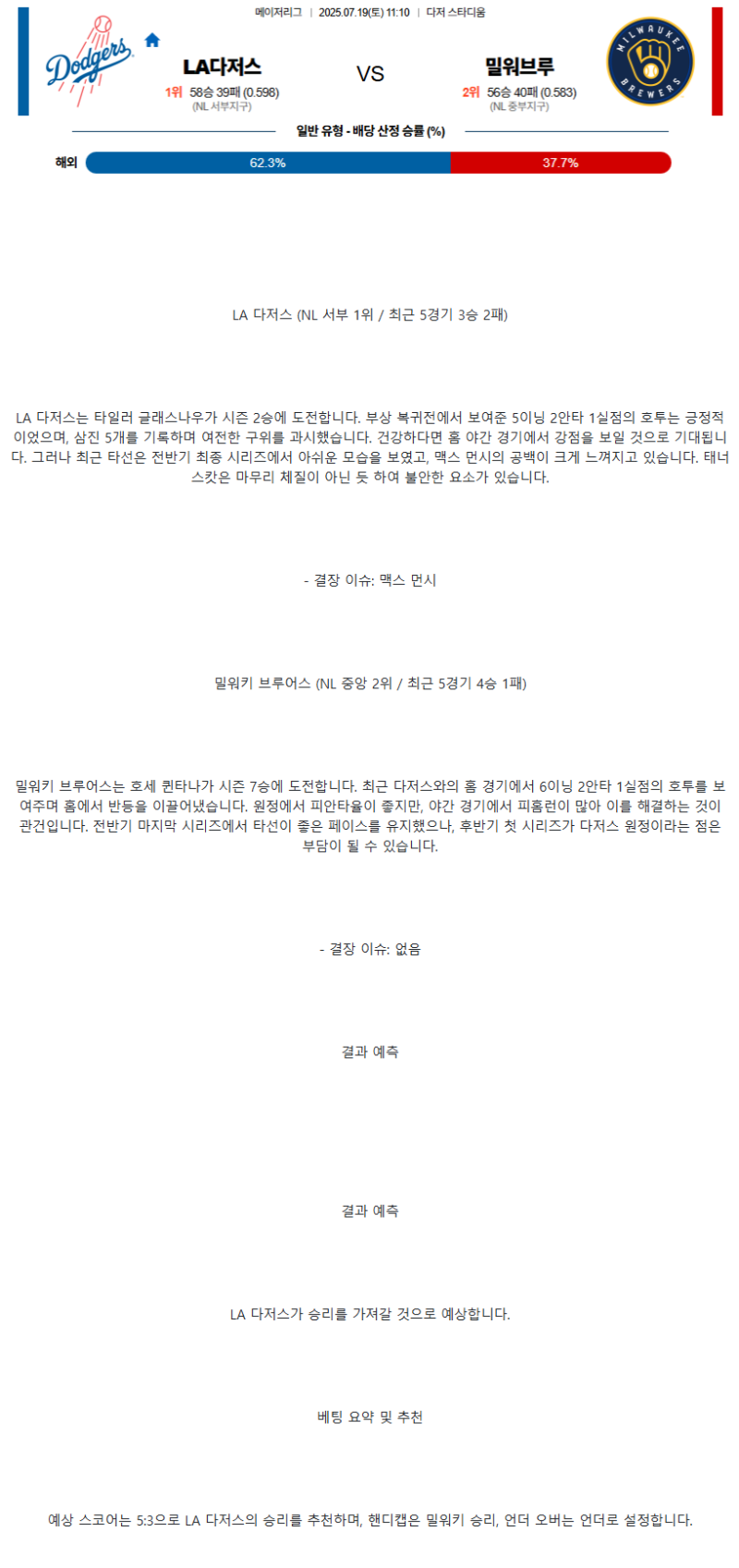 2025년 07월 19일 LA다저스 밀워키 해외야구 분석 및 중계 올스티비