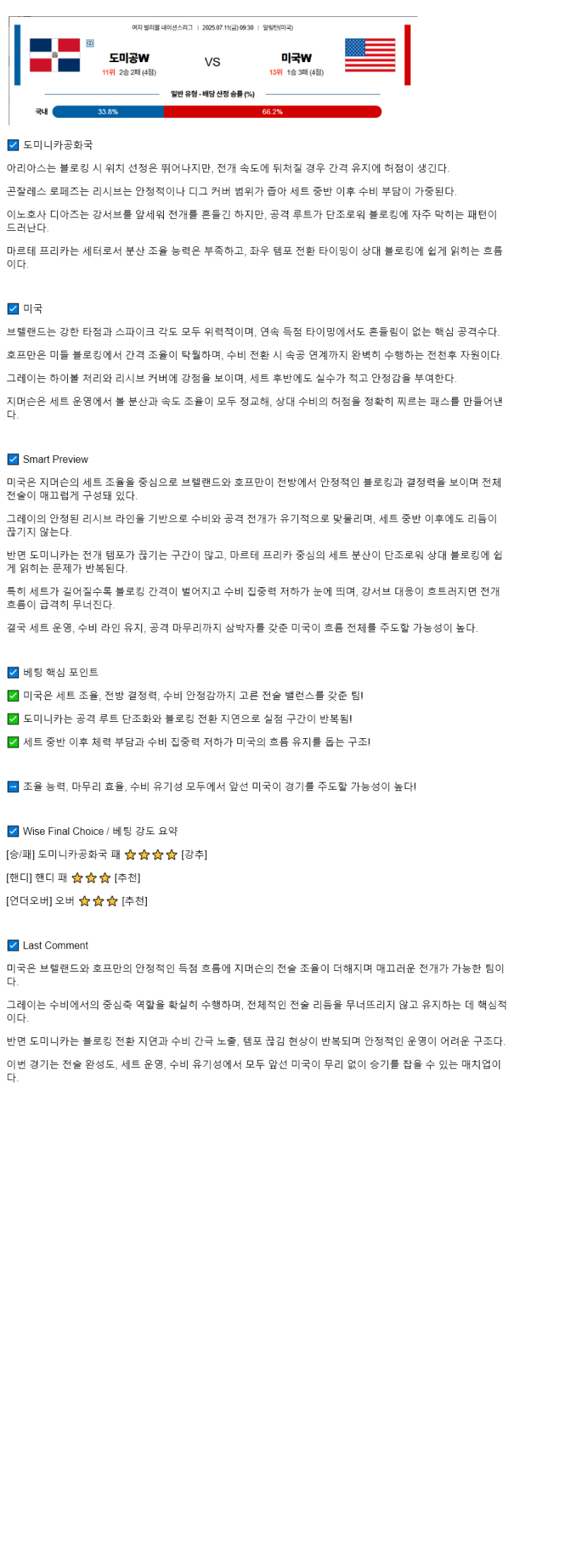2025년 07월 11일 도미니카 공화국 미국 배구 분석 및 중계 올스티비