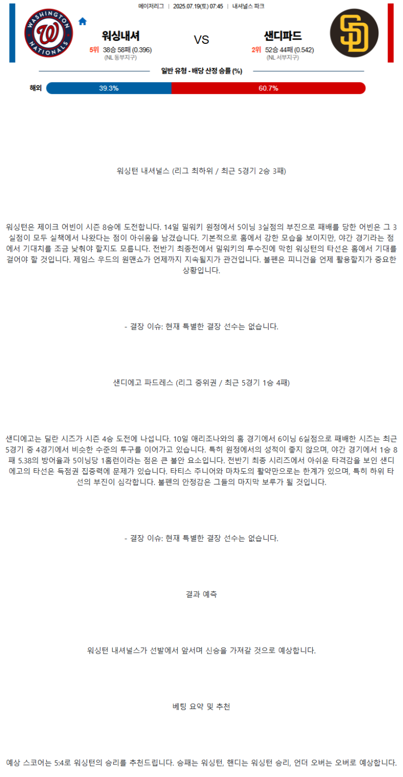 2025년 07월 19일 워싱턴 샌디에이고 MLB 중계 및 분석 올스티비