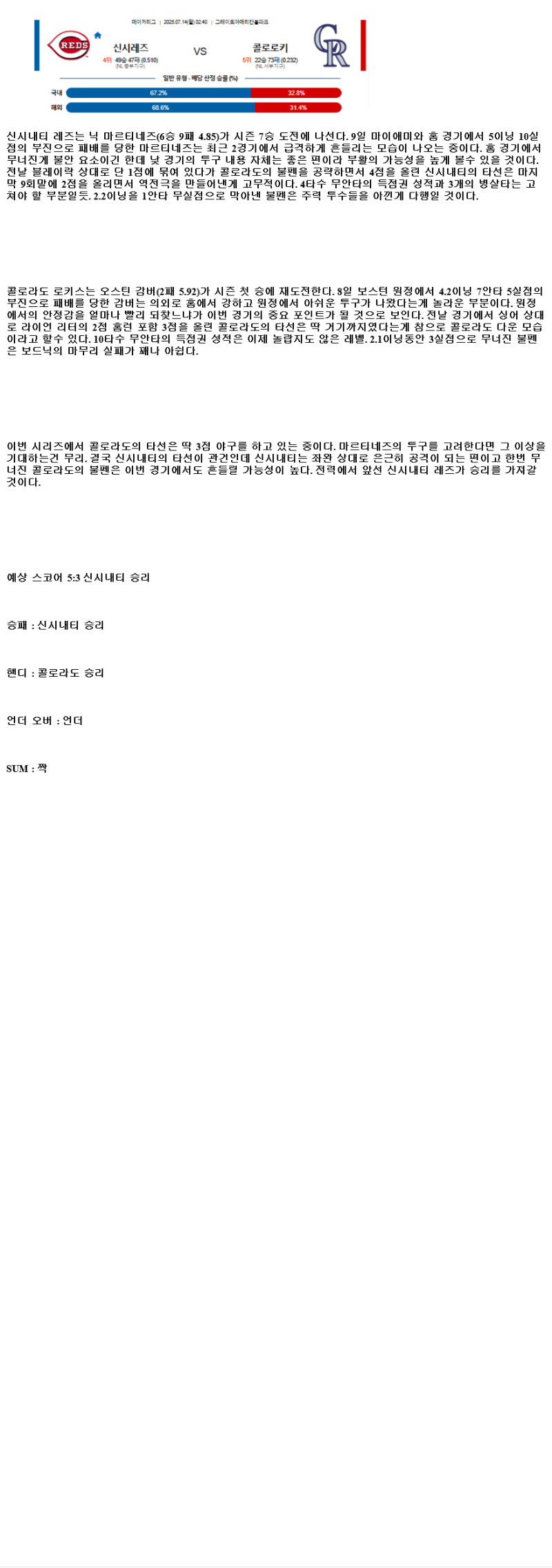 2025년 07월 14일 신시내티 콜로라도 해외야구 분석 및 중계 올스티비