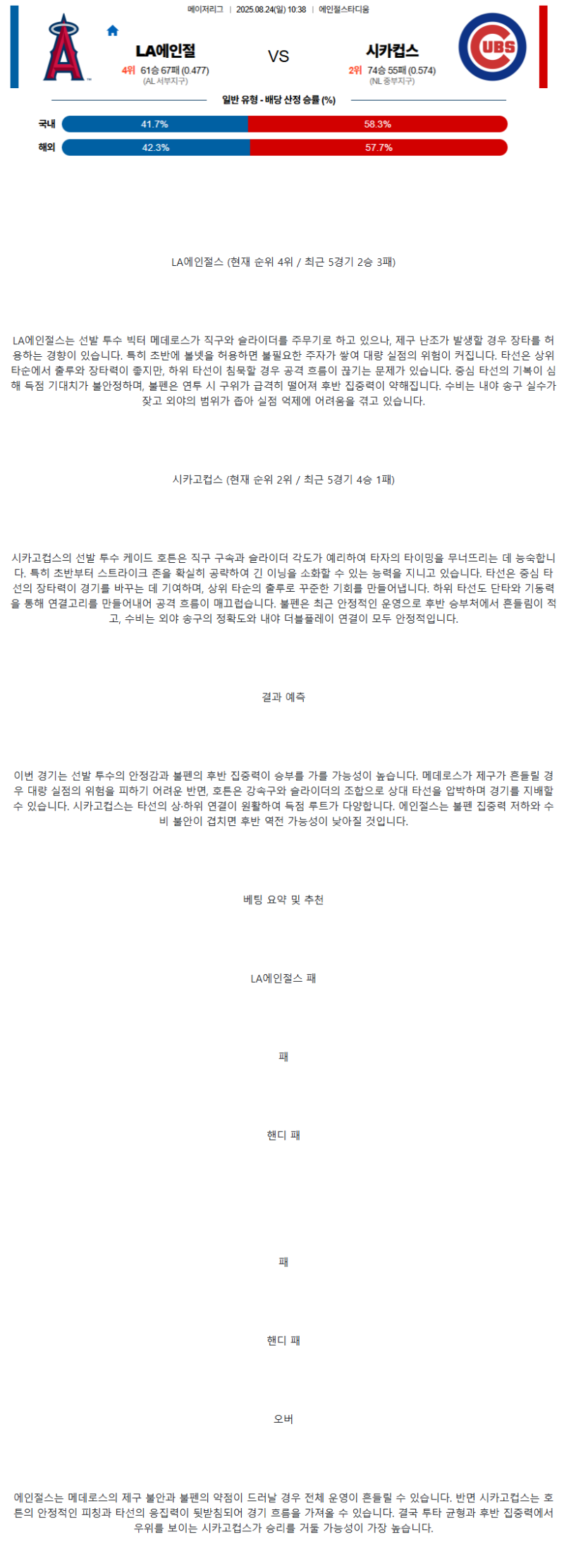 2025년 08월 24일 LA에인절스 시카고컵스 MLB 분석 및 중계 올스티비