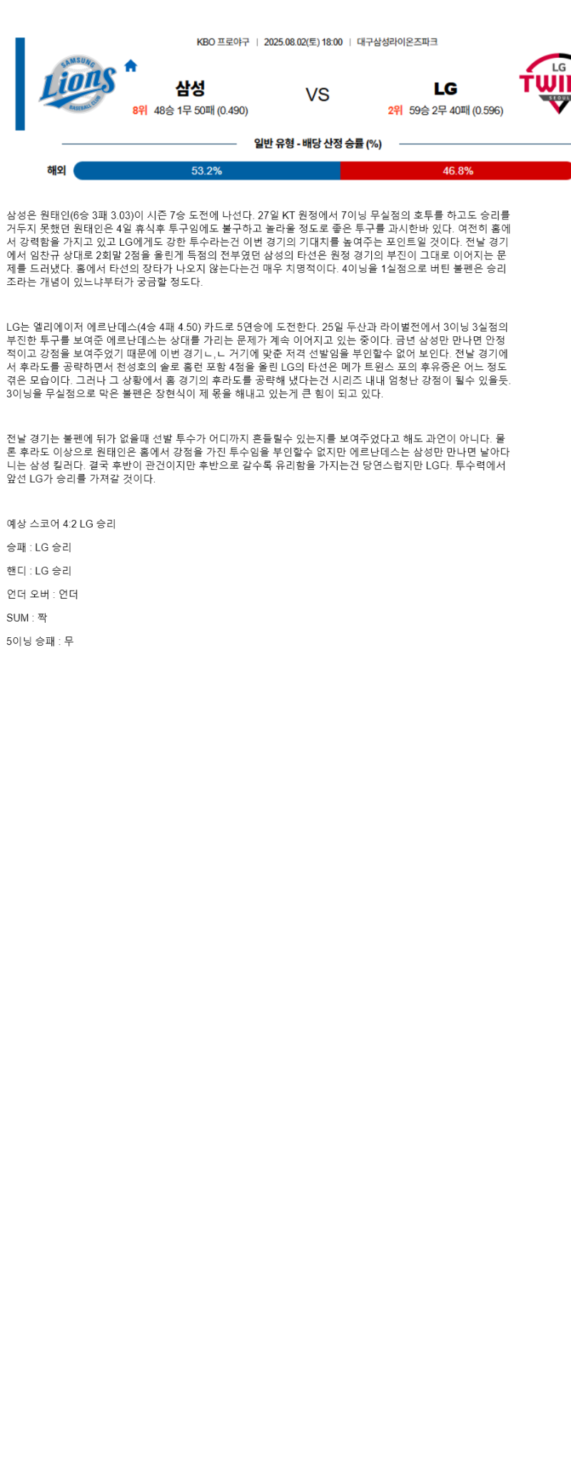 2025년 08월 02일 삼성 LG 한국야구 분석 및 중계 올스티비