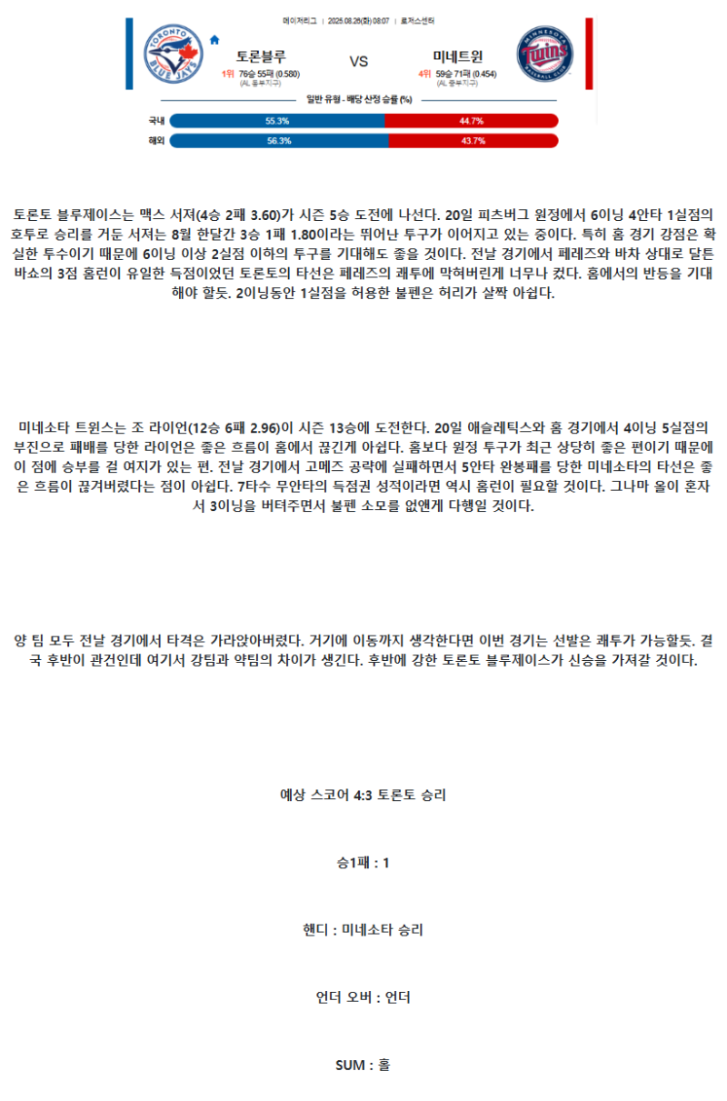 2025년 08월 26일 토론토 미네소타 미국야구 분석 및 중계 올스티비