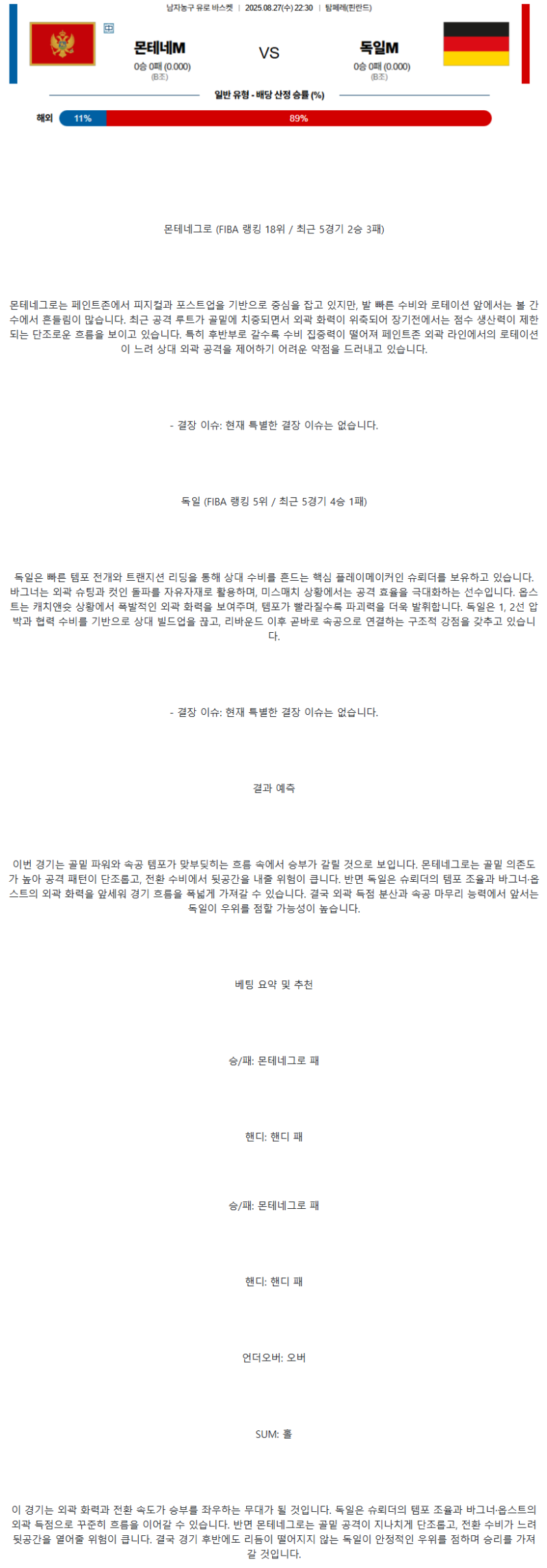 2025년 08월 27일 몬테네그로 독일 UEFA 분석 및 중계 올스티비