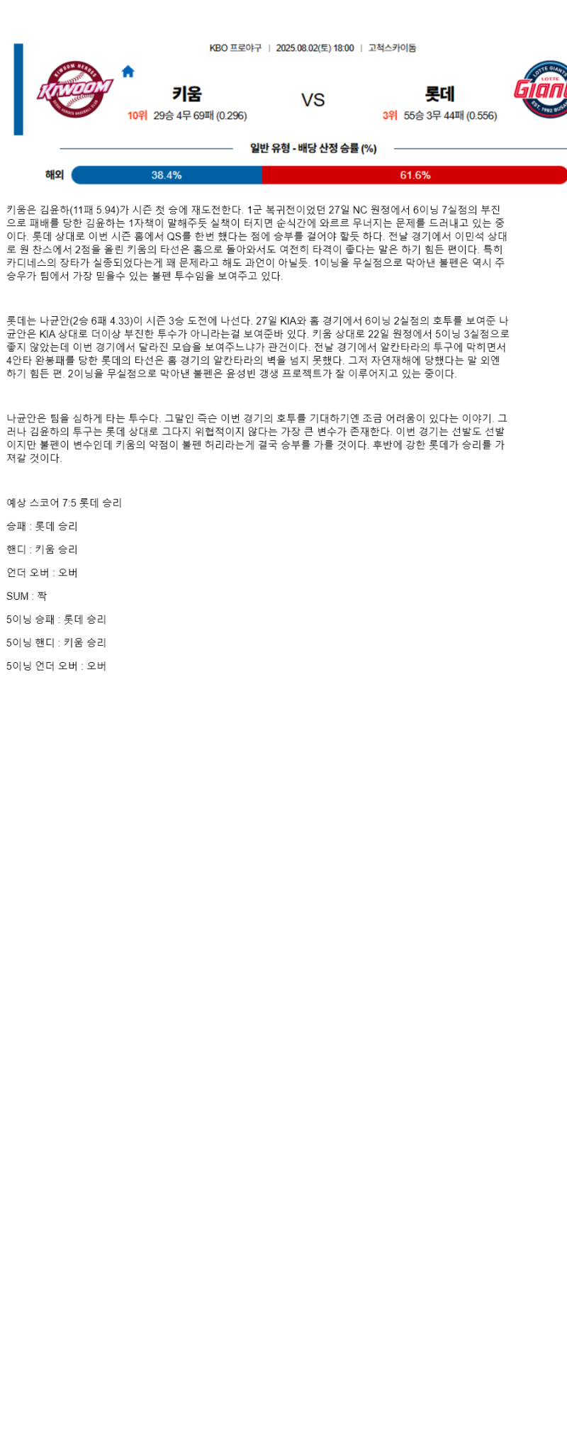 2025년 08월 02일 키움 롯데 KBO 중계 및 분석 올스티비
