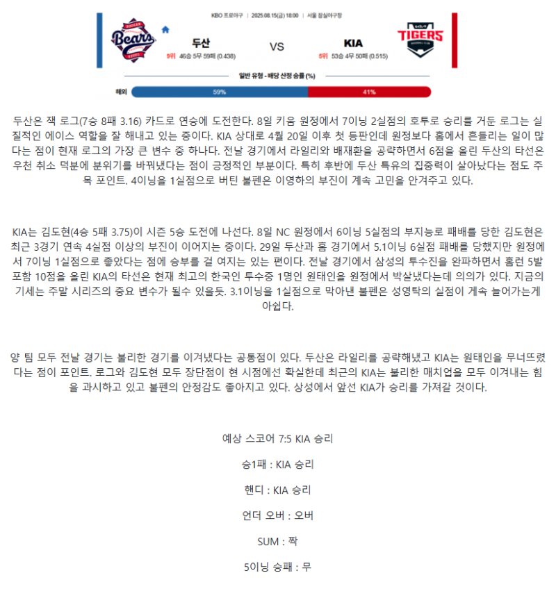 2025년 08월 15일 두산 KIA KBO 중계 및 분석 올스티비