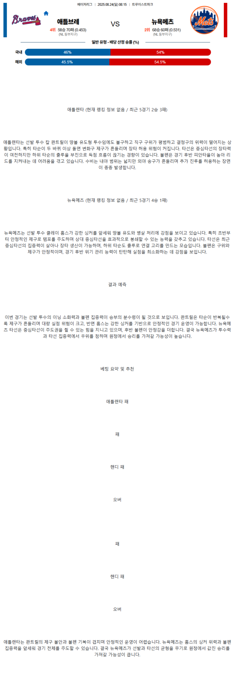 2025년 08월 24일 애틀랜타 뉴욕메츠 MLB 분석 및 중계 올스티비