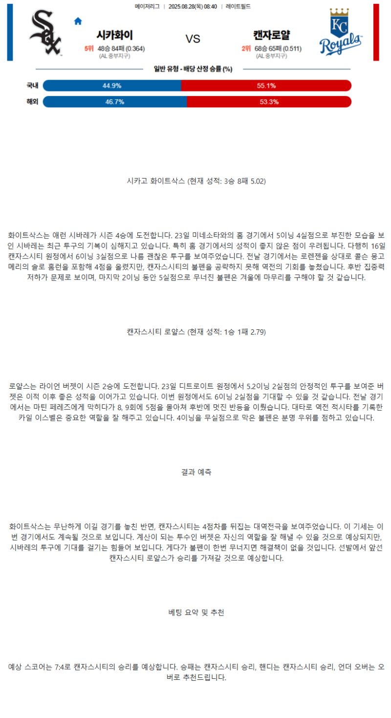 2025년 08월 28일 시카고W 캔자스시티 MLB 분석 및 중계 올스티비