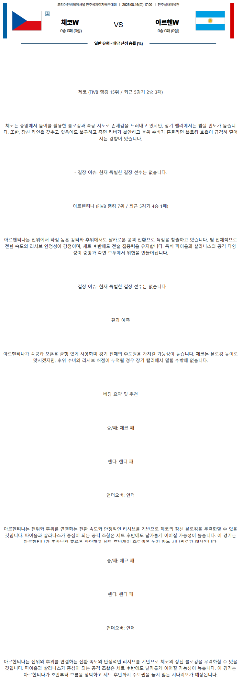 2025년 08월 16일 체코 아르헨티나 배구 중계 및 분석 올스티비