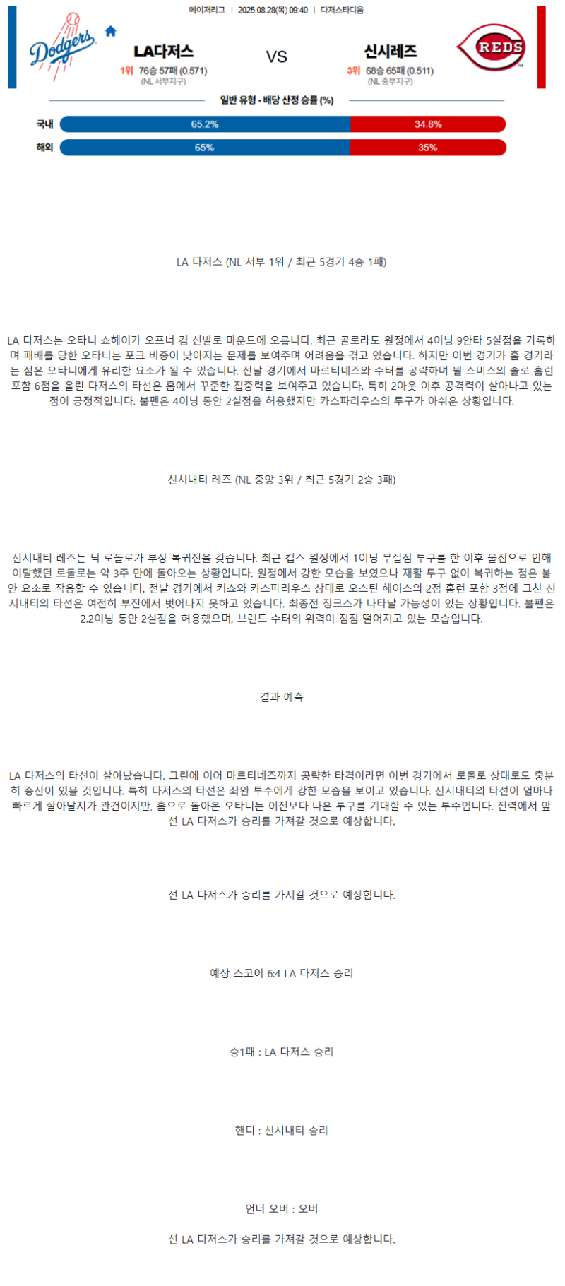 2025년 08월 28일 LA다저스 신시내티 MLB 분석 및 중계 올스티비