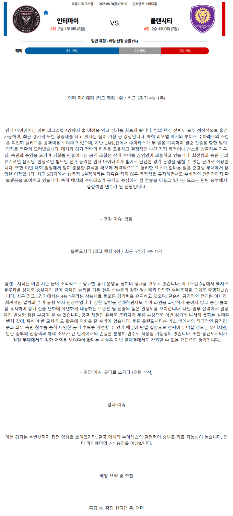 2025년 08월 28일 인터마이애미 올랜도시티 해외축구 분석 및 중계 올스티비