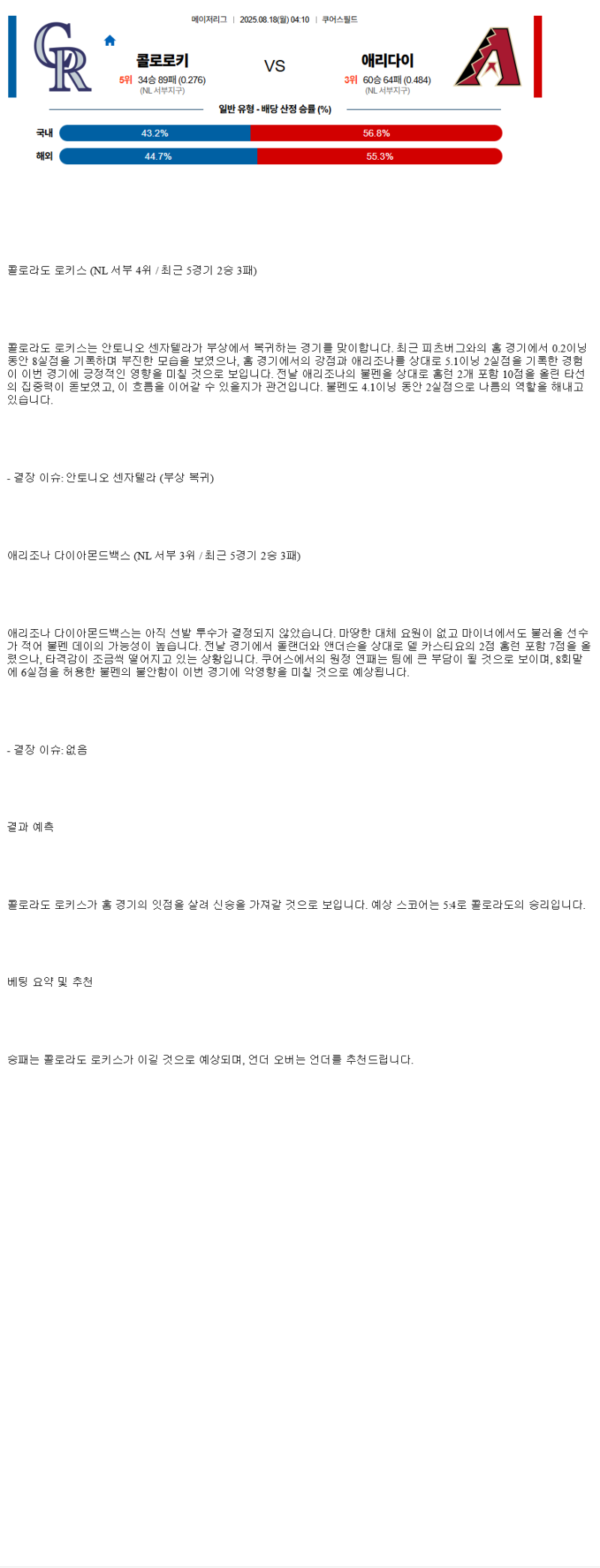 2025년 08월 18일 콜로라도 애리조나 미국야구 중계 및 분석 올스티비