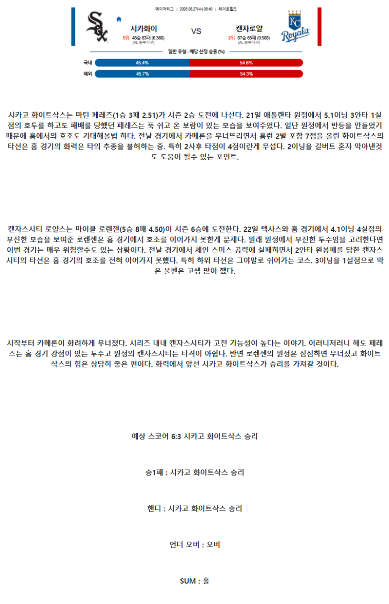 2025년 08월 27일 시카고W 캔자스시티 미국야구 중계 및 분석 올스티비