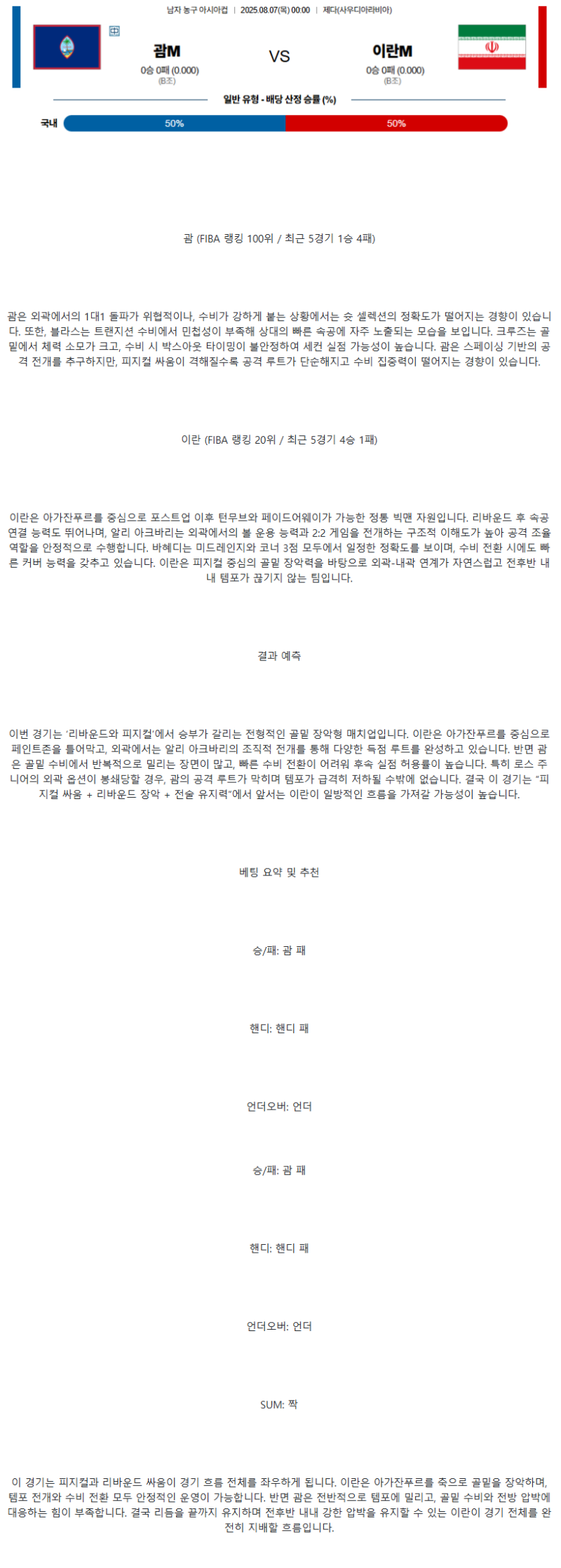 2025년 08월 07일 괌 이란 미국농구 분석 및 중계 올스티비