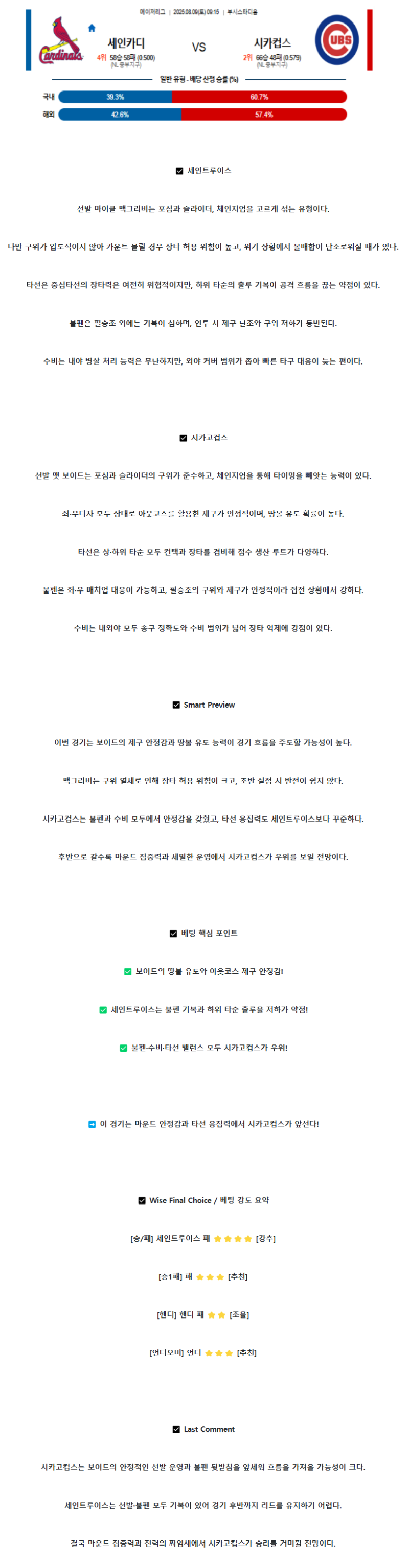 2025년 08월 09일 세인트루이스 시카고컵스 미국야구 중계 및 분석 올스티비