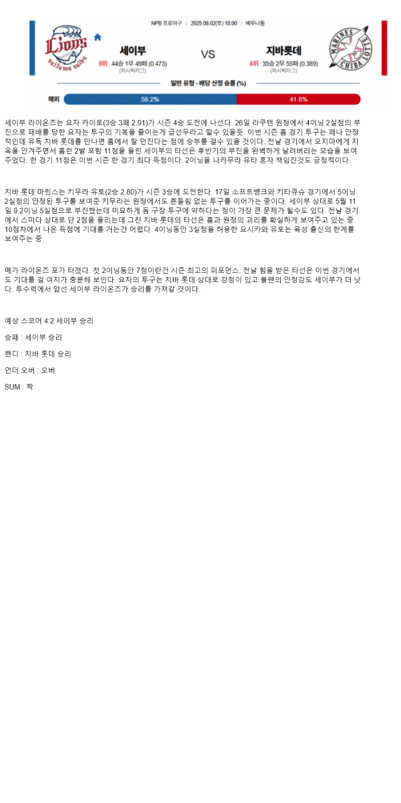 2025년 08월 02일 세이부 지바롯데 해외야구 분석 및 중계 올스티비