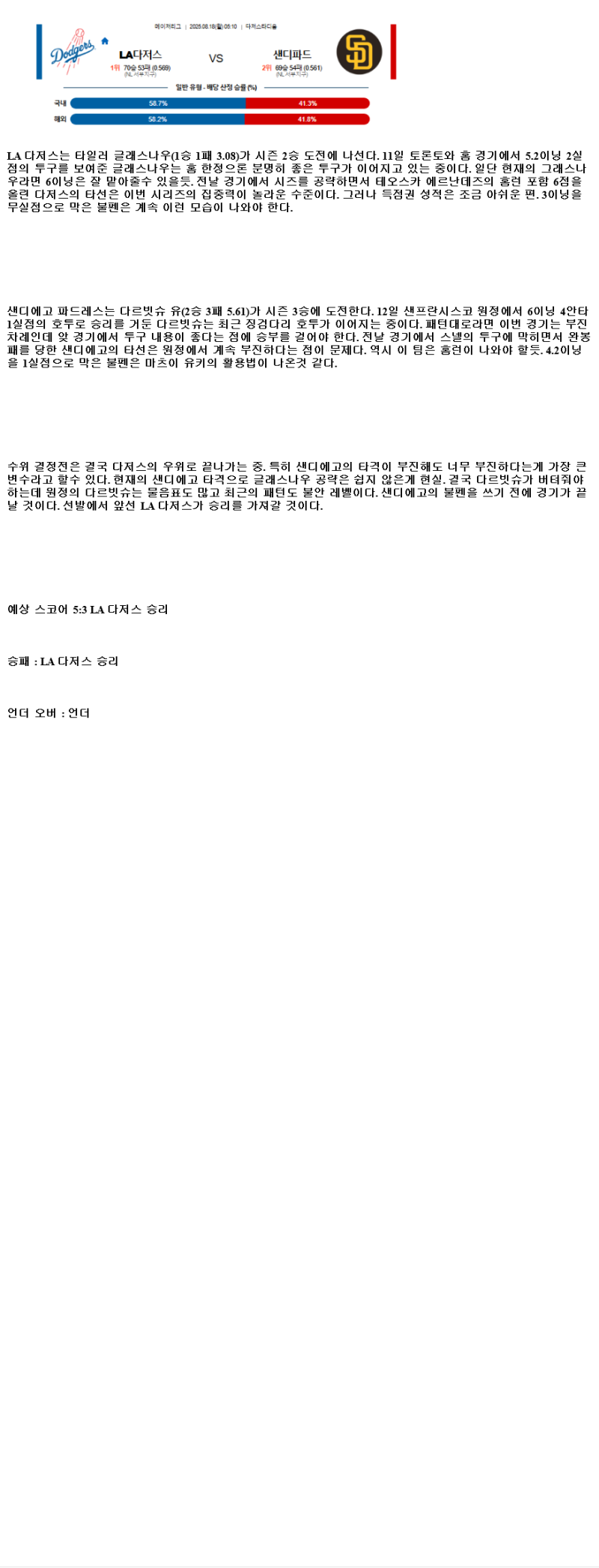 2025년 08월 18일 LA다저스 샌디에이고 미국야구 분석 및 중계 올스티비
