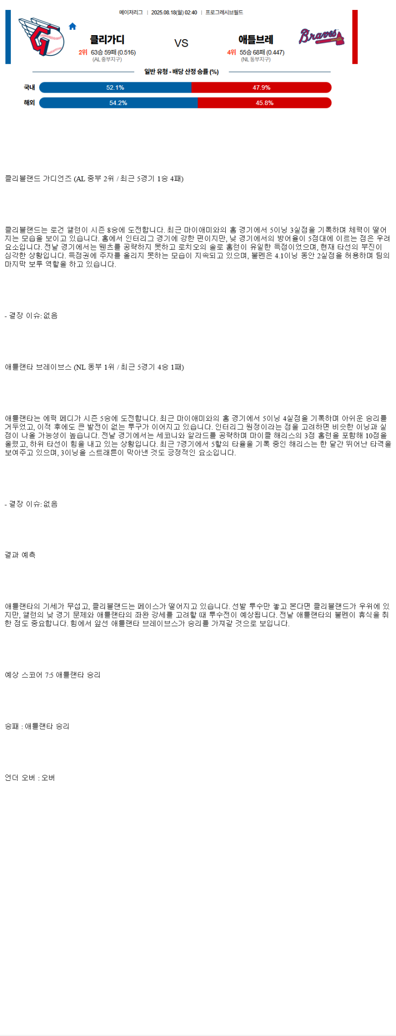 2025년 08월 18일 클리블랜드 애틀랜타 해외야구 분석 및 중계 올스티비