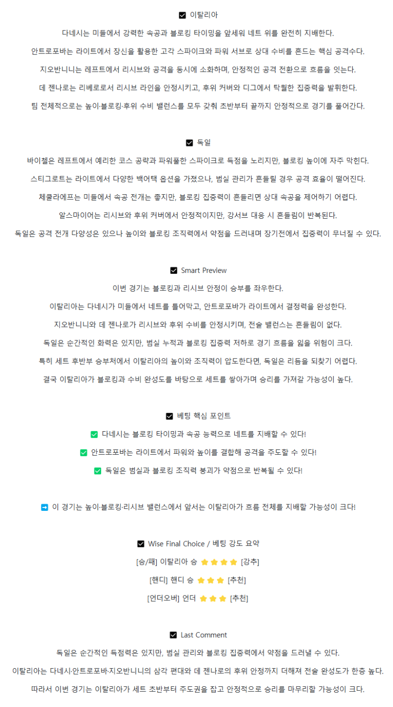 2025년 08월 30일 이탈리아 독일 배구 중계 및 분석 올스티비