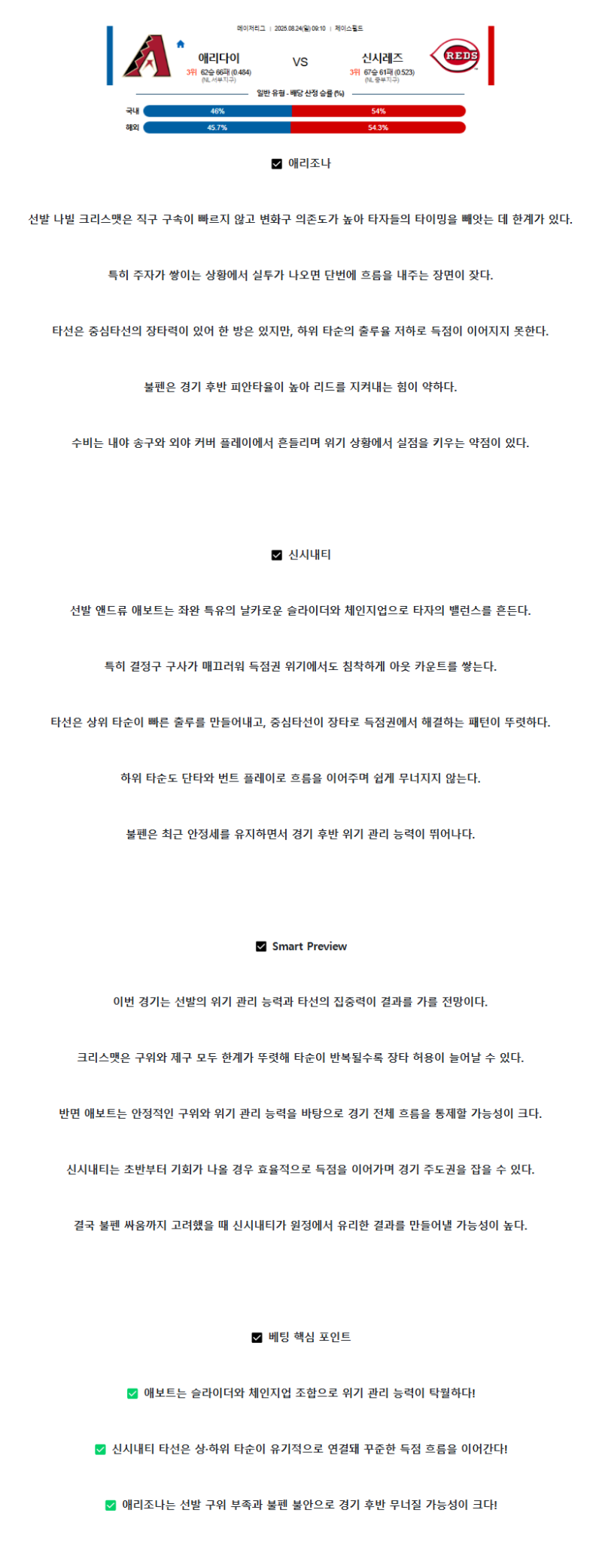 2025년 08월 24일 애리조나 신시내티 미국야구 중계 및 분석 올스티비