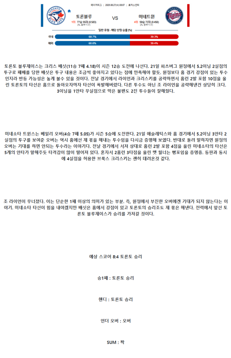2025년 08월 27일 토론토 미네소타 MLB 분석 및 중계 올스티비