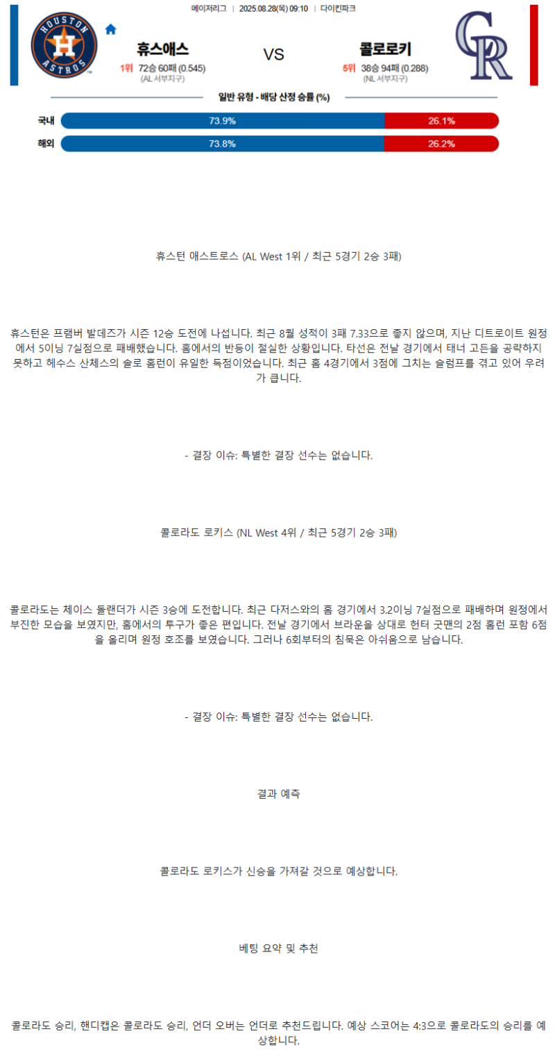 2025년 08월 28일 휴스턴 콜로라도 미국야구 분석 및 중계 올스티비