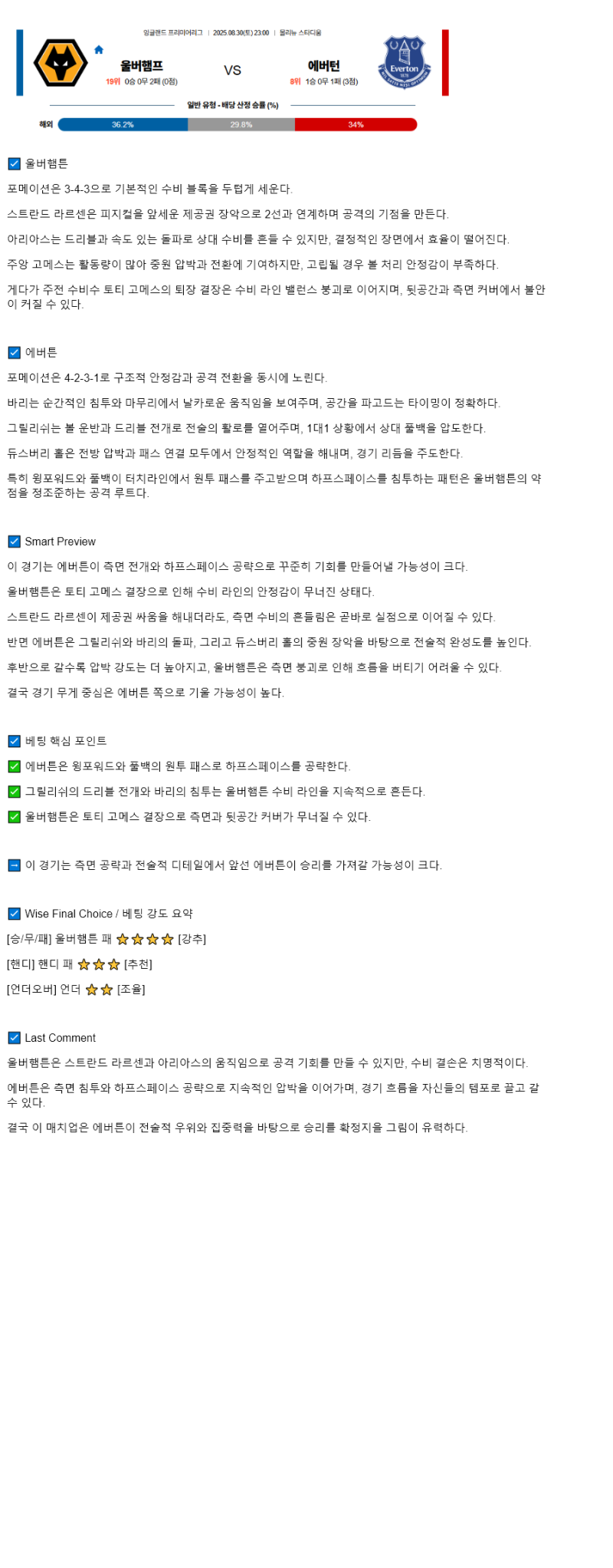 2025년 08월 30일 울버햄튼 에버턴 해외스포츠 중계 및 분석 올스티비