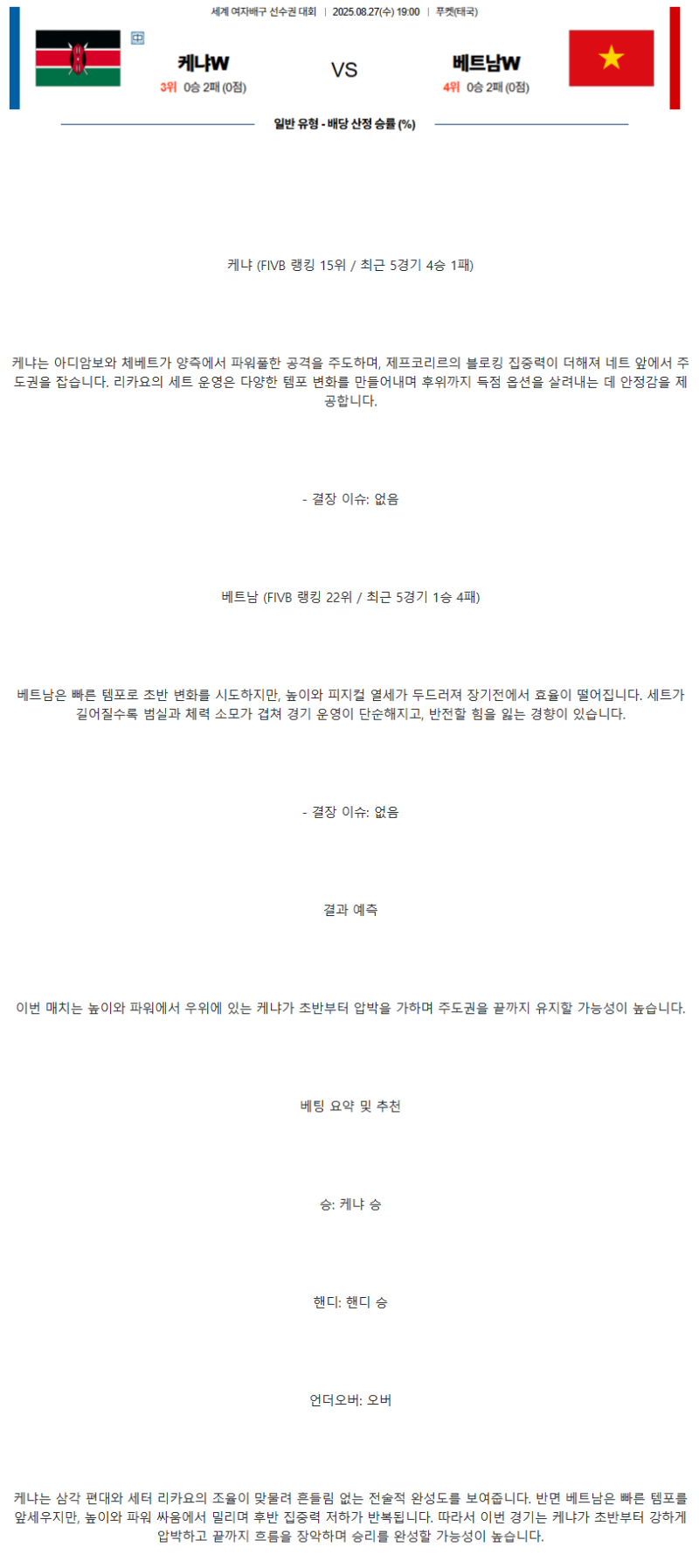 2025년 08월 27일 케냐 베트남 배구 분석 및 중계 올스티비