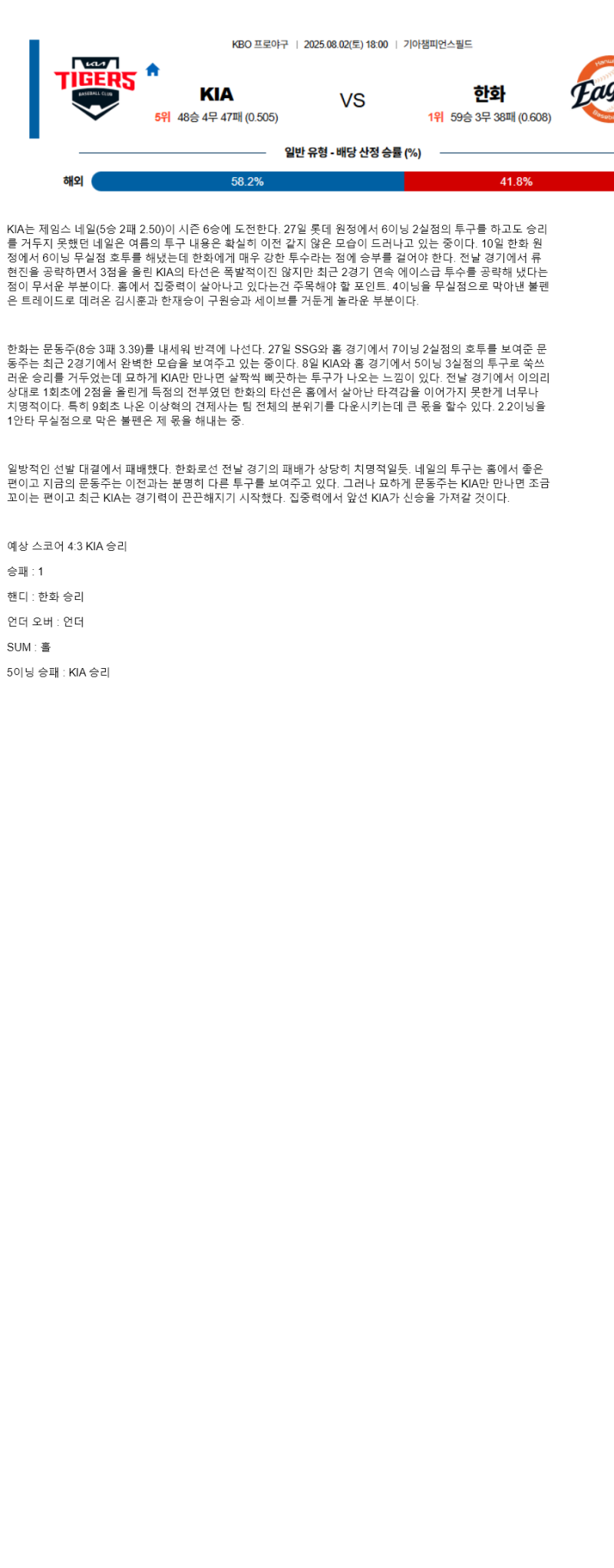 2025년 08월 02일 KIA 한화 KBO 중계 및 분석 올스티비