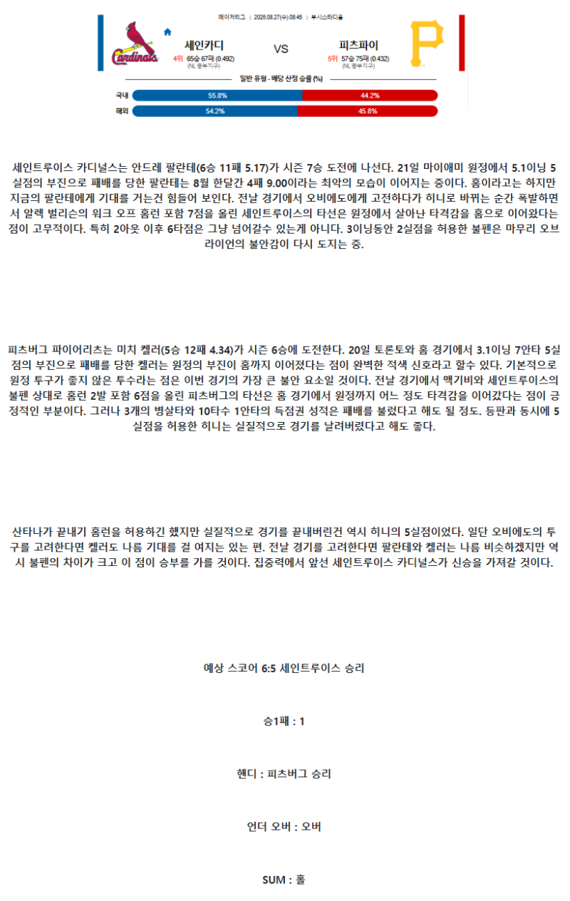 2025년 08월 27일 세인트루이스 피츠버그 미국야구 분석 및 중계 올스티비