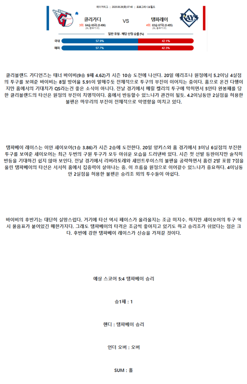 2025년 08월 26일 클리블랜드 탬파베이 해외야구 분석 및 중계 올스티비