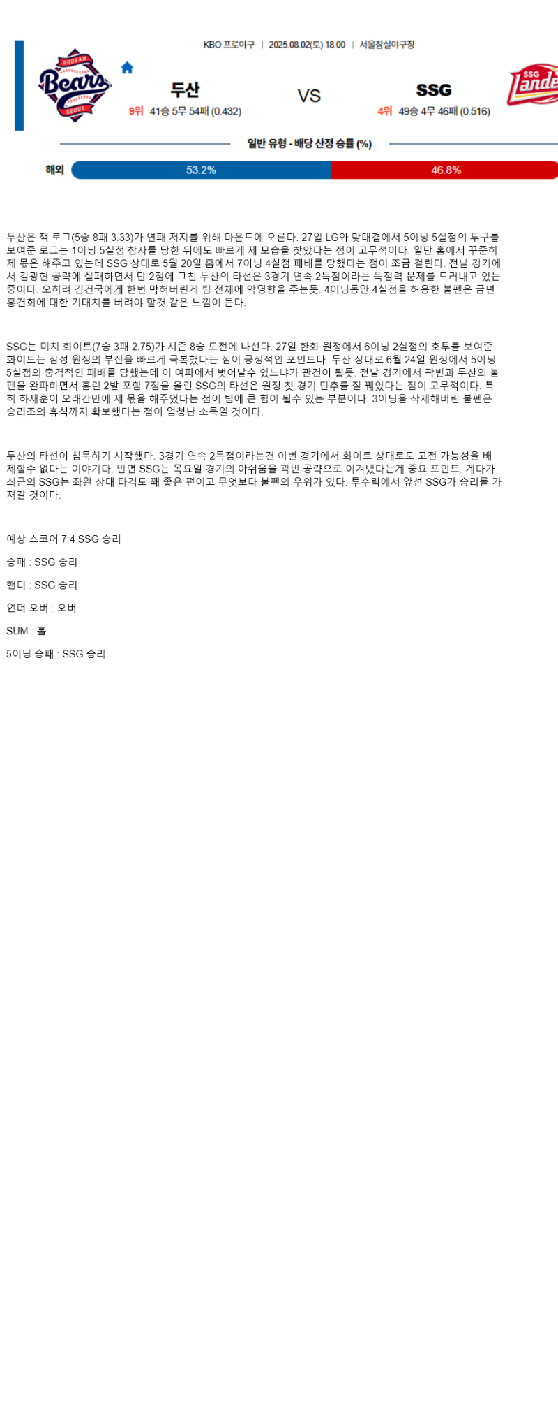 2025년 08월 02일 두산 SSG 국내야구 중계 및 분석 올스티비