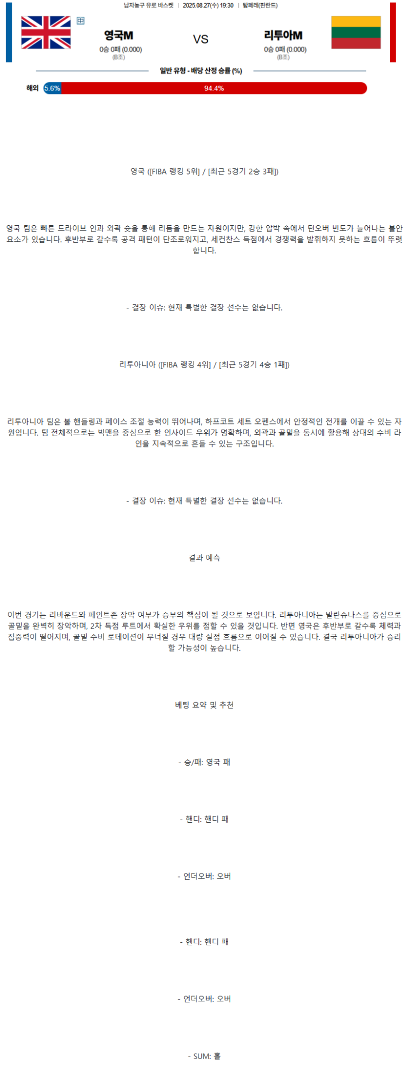 2025년 08월 27일 영국 리투아니아 해외축구 중계 및 분석 올스티비