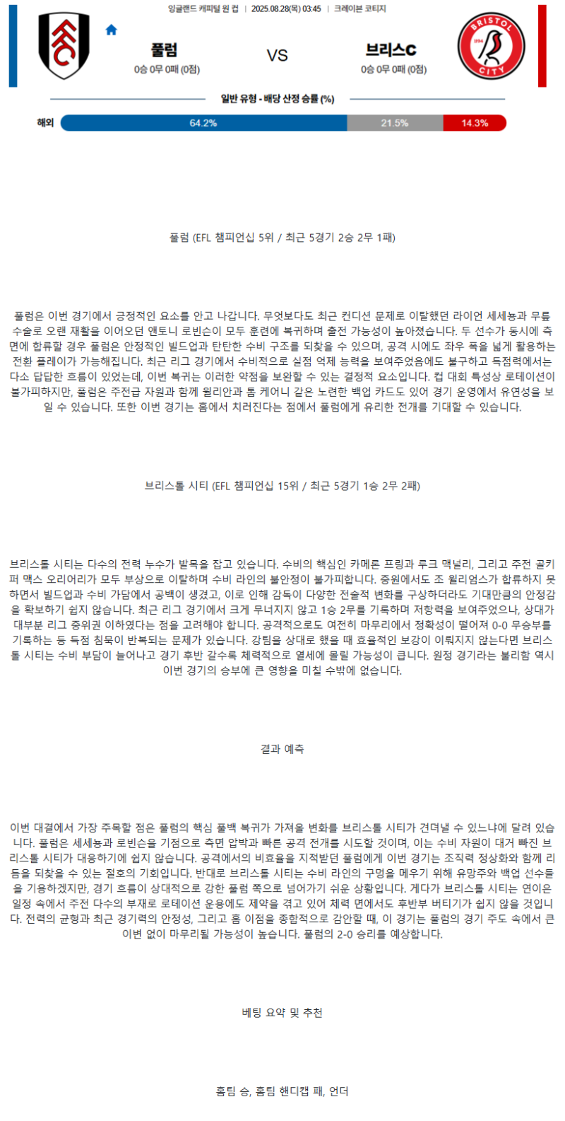 2025년 08월 28일 풀럼 브리스톨시티 스포츠 분석 및 중계 올스티비