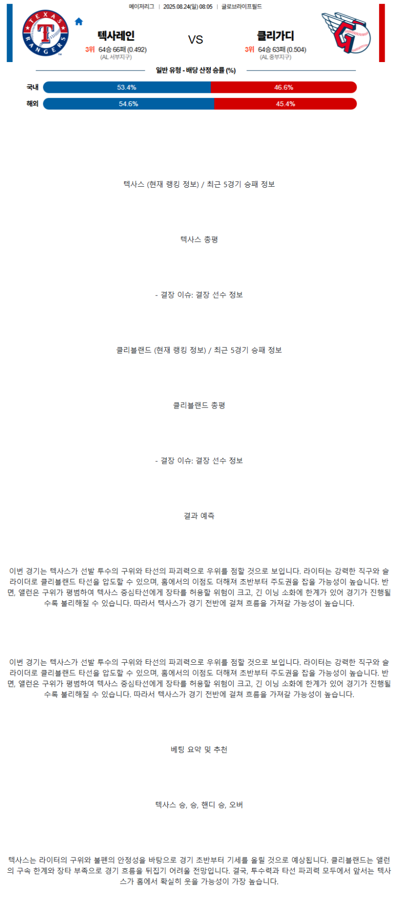 2025년 08월 24일 텍사스 클리블랜드 해외야구 중계 및 분석 올스티비