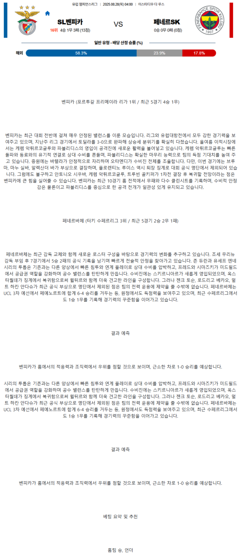 2025년 08월 28일 벤피카 페네르바체 스포츠 분석 및 중계 올스티비