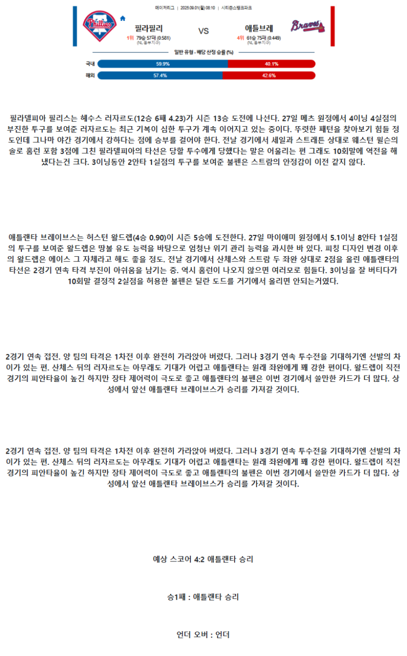 2025년 09월 01일 필라델피아 애틀랜타 해외야구 중계 및 분석 올스티비