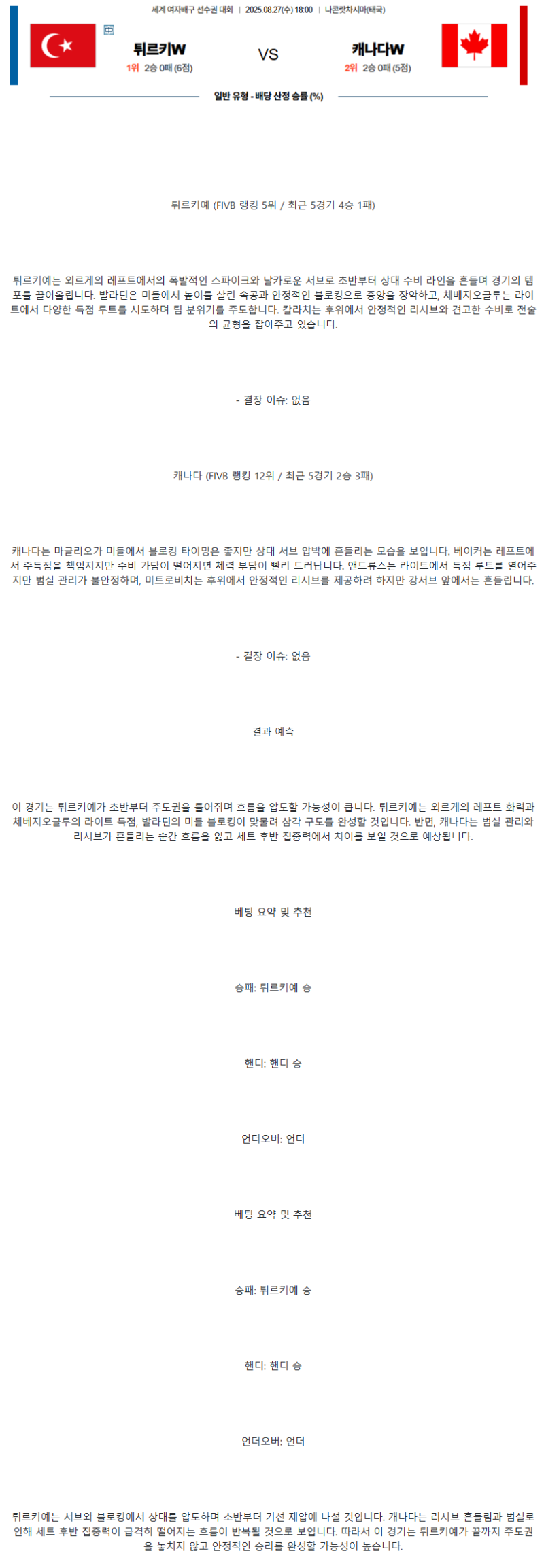 2025년 08월 27일 튀르키예 캐나다 배구 분석 및 중계 올스티비