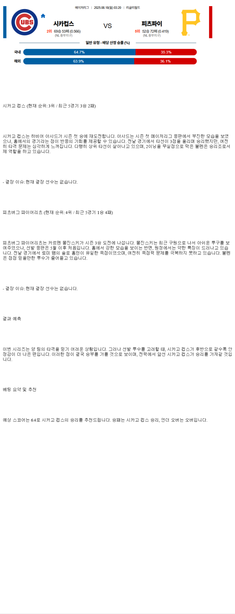 2025년 08월 18일 시카고컵스 피츠버그 해외야구 중계 및 분석 올스티비