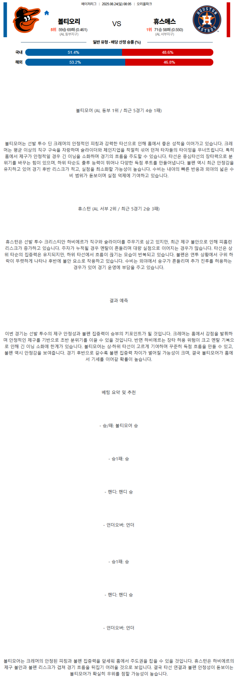 2025년 08월 24일 볼티모어 휴스턴 해외야구 분석 및 중계 올스티비