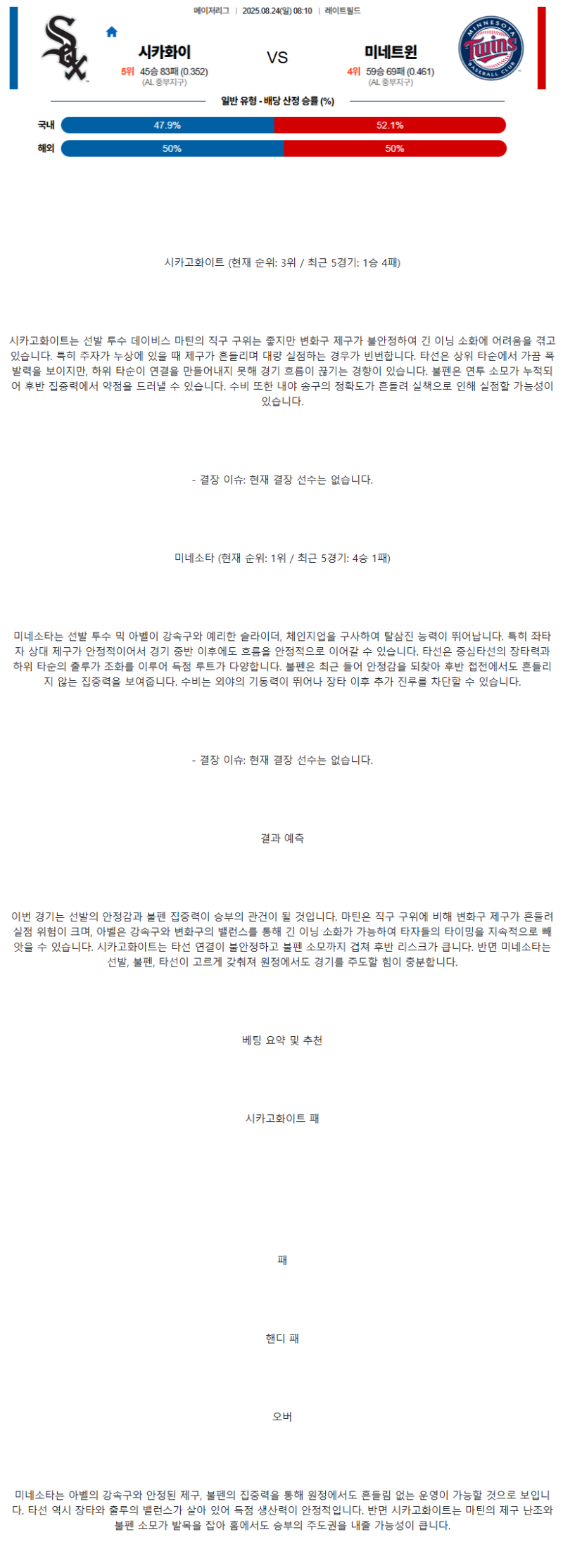 2025년 08월 24일 시카고W 미네소타 해외야구 중계 및 분석 올스티비