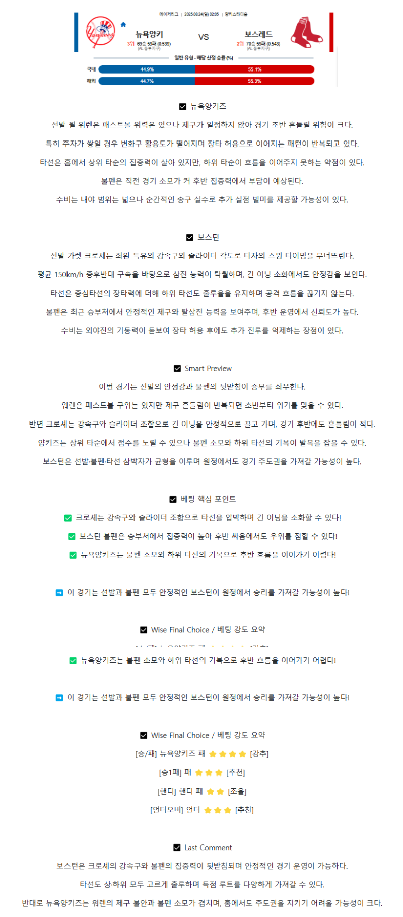 2025년 08월 24일 뉴욕양키스 보스턴 미국야구 중계 및 분석 올스티비
