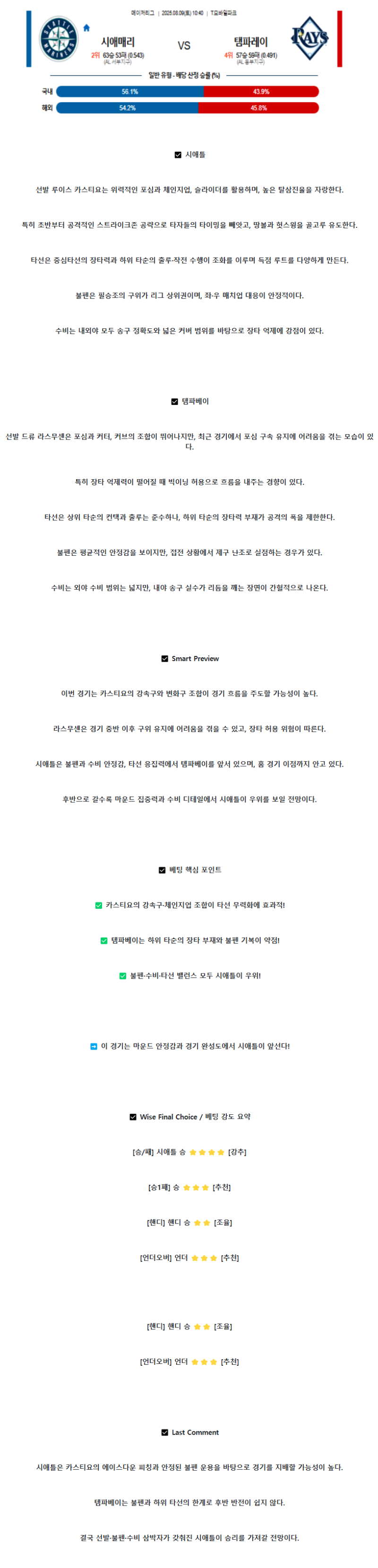 2025년 08월 09일 시애틀 탬파베이 미국야구 중계 및 분석 올스티비